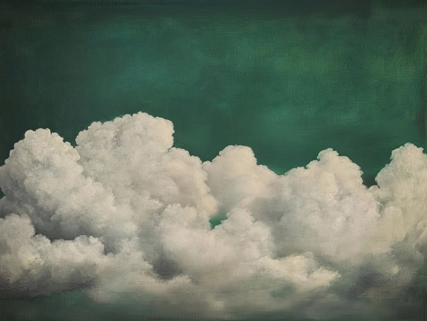 Volledig textielkunstwerk met weelderige wolkenpartij tegen een groenblauwe achtergrond