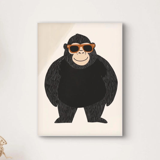 Illustratie van een zwarte gorilla met oranje zonnebril op beige achtergrond