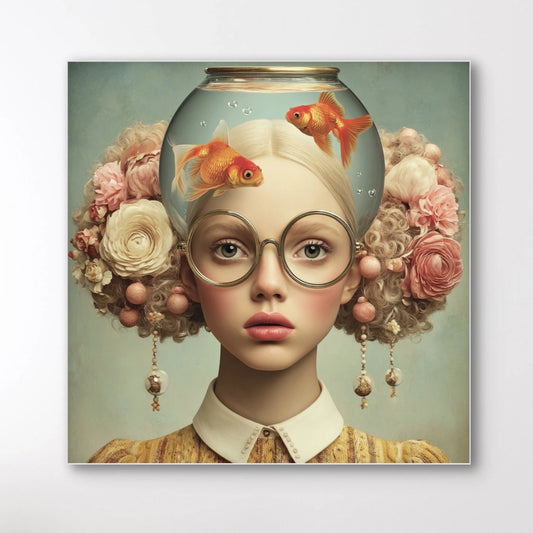 Detail van Dagdroom wandkunst met bloemen, goudvissen en dromerige tinten