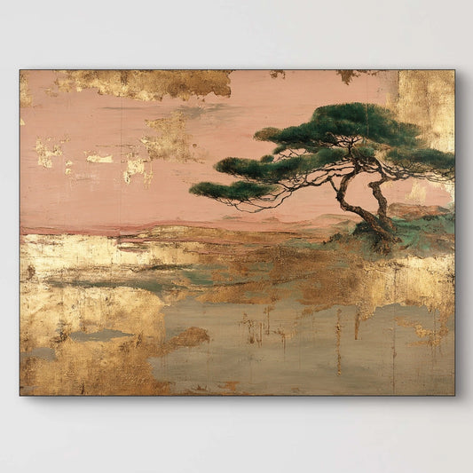 Detail van kunstwerk met boom en glanzende texturen in roze en groen