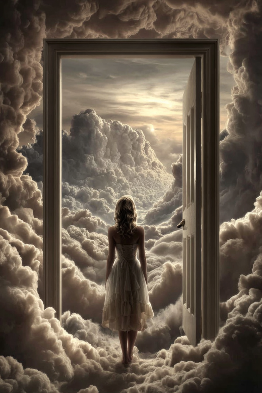 Volledige weergave van Dageraadspoort met vrouw in deuropening omringd door wolken