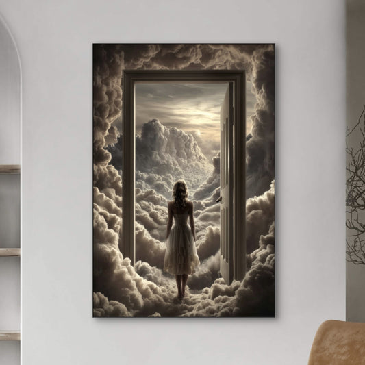 Detail van Dageraadspoort met vrouw in wolken die naar licht kijkt