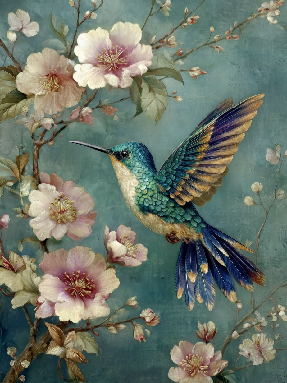 Volledige weergave van Dans van de Kolibrie met kolibrie in vlucht en bloeiende takken op een blauwe achtergrond