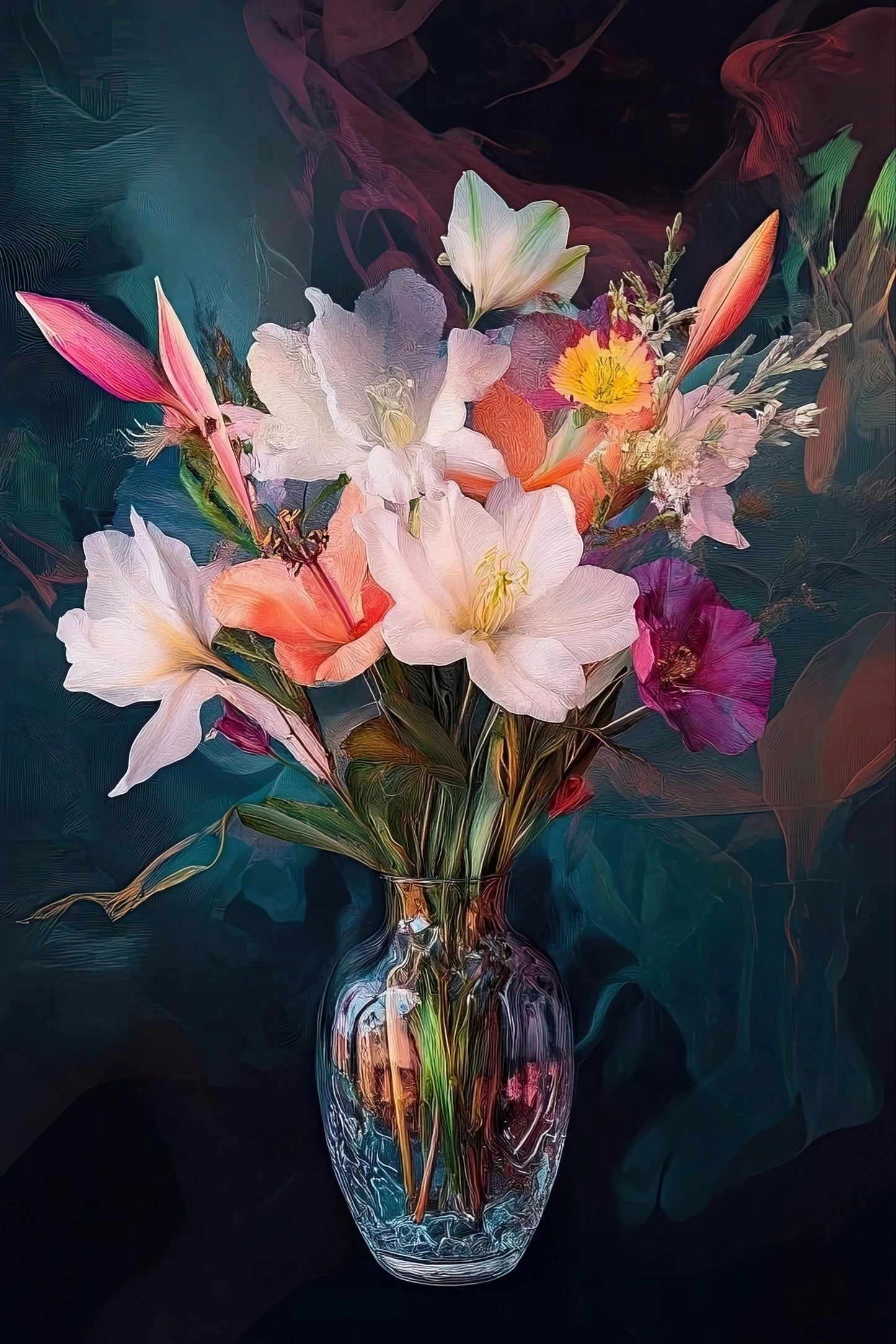 Volledige weergave van Dans van het Licht, boeket met roze, witte en oranje bloemen in glanzende vaas