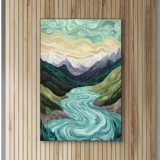 Detail van kunstwerk met kronkelende turquoise rivier, groene heuvels en abstracte luchtstromen