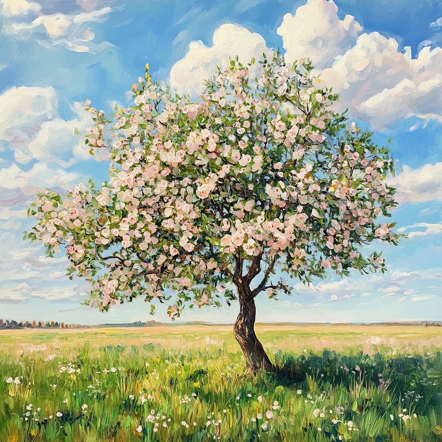 Volledig kunstwerk met bloeiende boom in een open veld onder een blauwe lucht met wolken