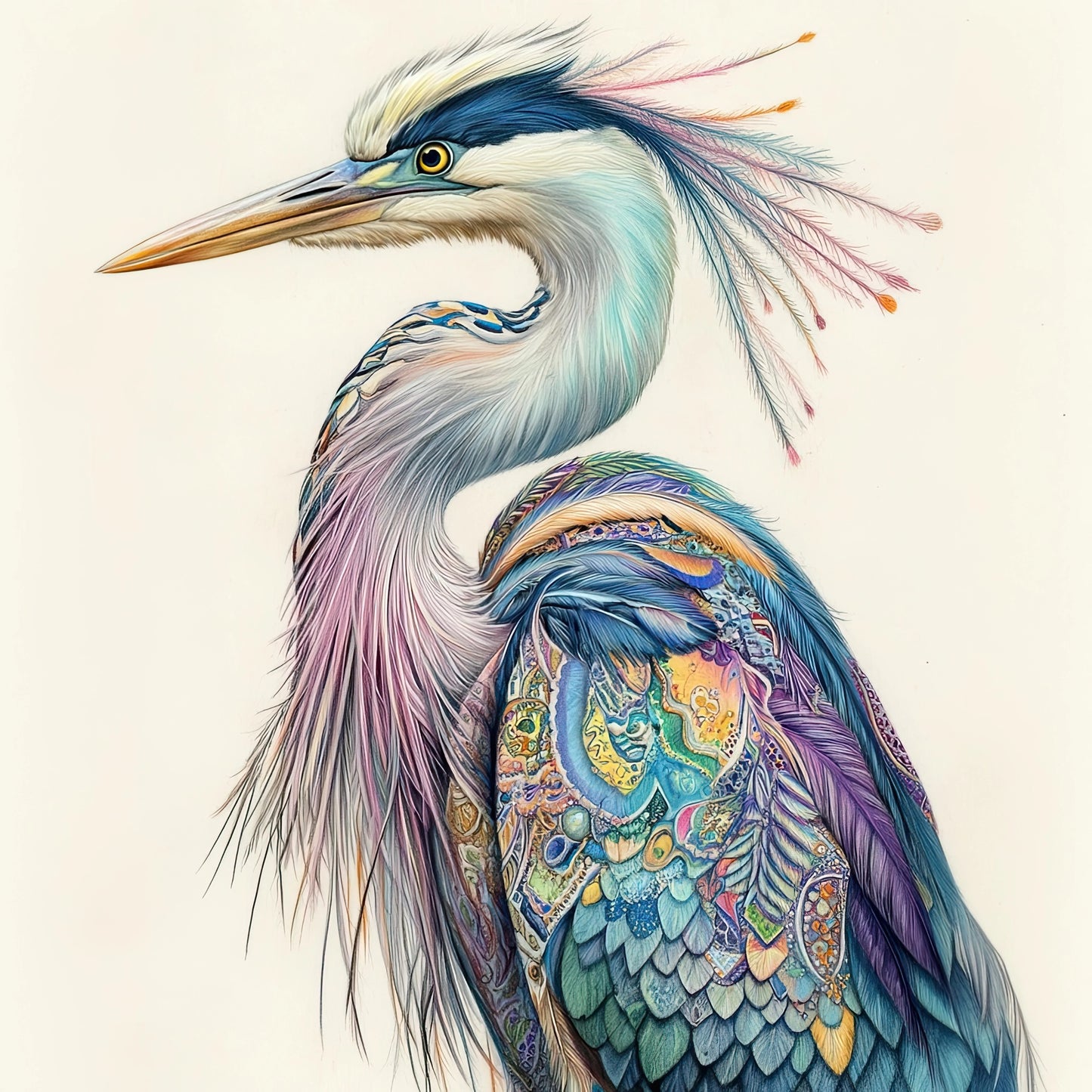Illustratie van een sierlijke reiger met kleurrijke veren in pasteltinten en ornamentale details