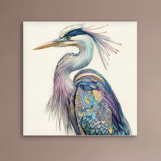 Detail van pastelveren en sierlijke patronen in turquoise, paars, roze en goud op de reiger