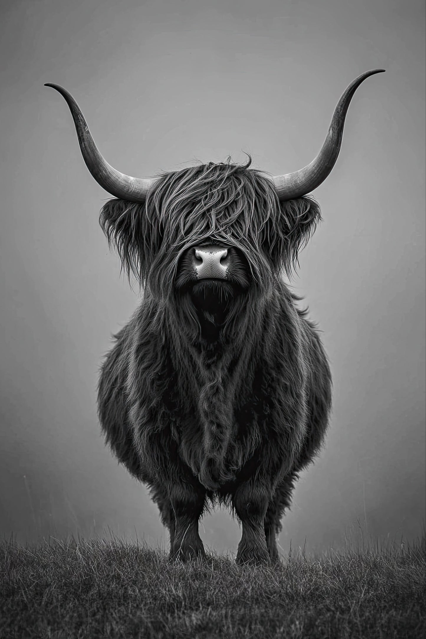 Portret van een zwarte hooglandstier in zwart wit, frontaal met lange vacht en grote hoorns