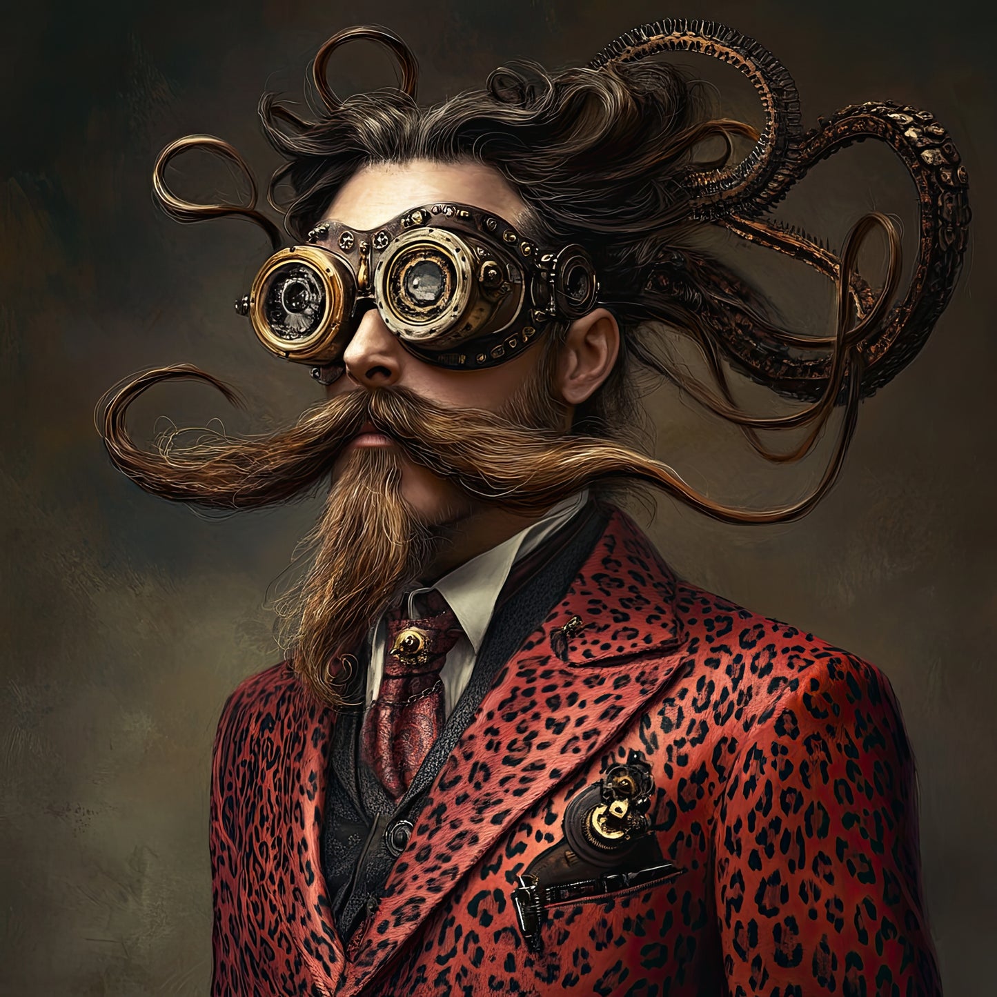 Volledige afbeelding van De Tijdreiziger, een surrealistisch portret van een man in rode jas met mechanische bril en tentakelachtig haar