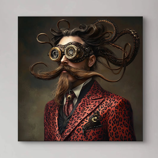 Close-up van het surrealistische gezicht met bril van tandwielen en krullende snor van De Tijdreiziger