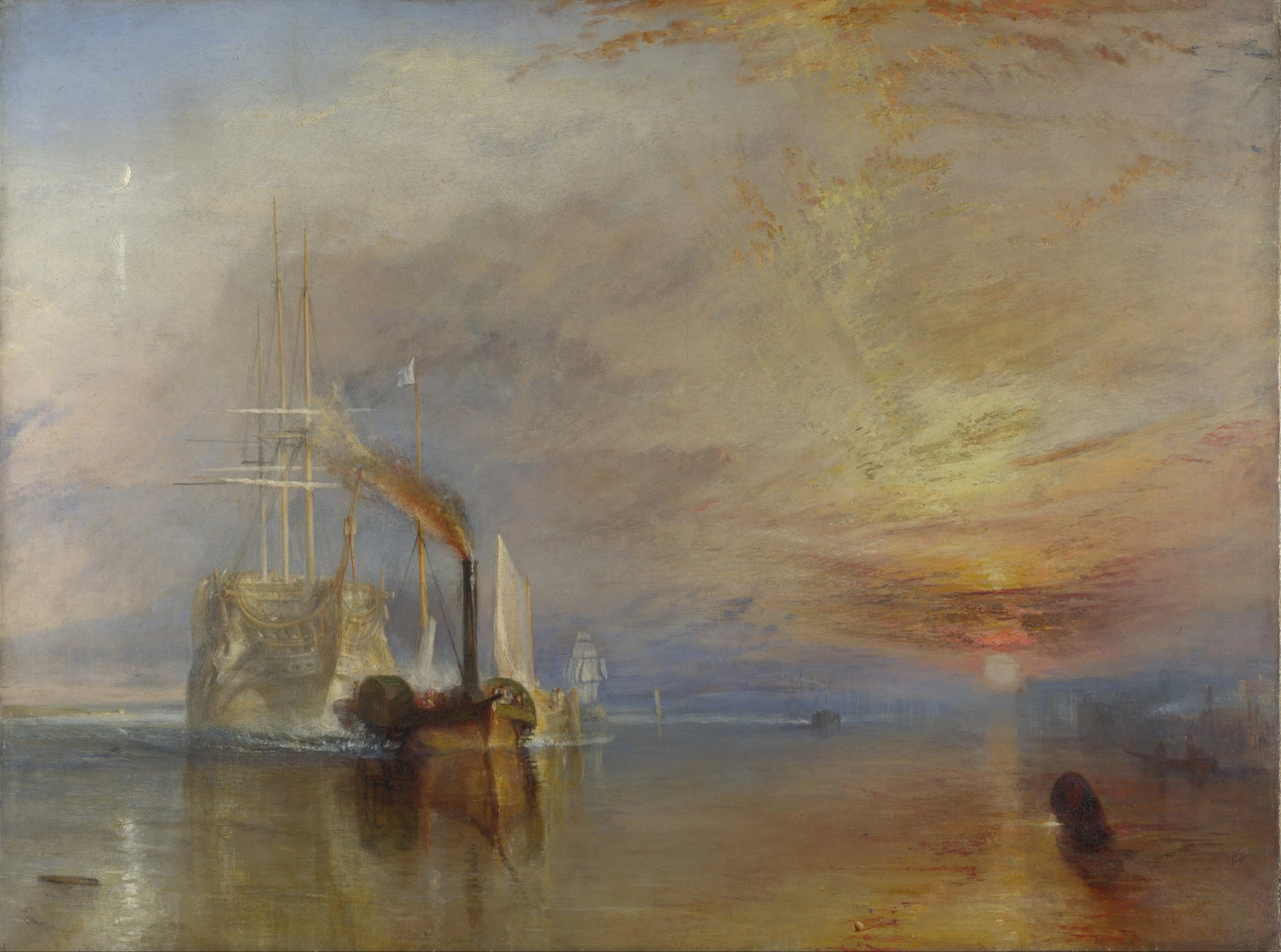 Volledige weergave van Turners “De Vechtende Temeraire” met schip op water en dramatisch avondlicht