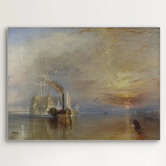 Detail van “De Vechtende Temeraire” met stoomboot, zeilschip en vurige zonsondergang op kalm water