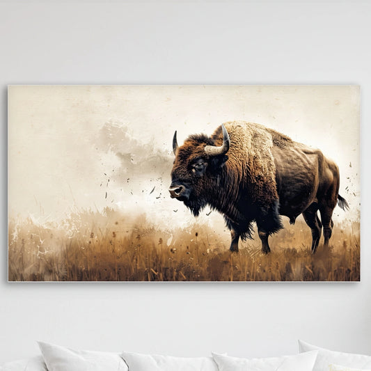 Detail van de kop en vacht van een bizon met aarde en stofdeeltjes op de achtergrond