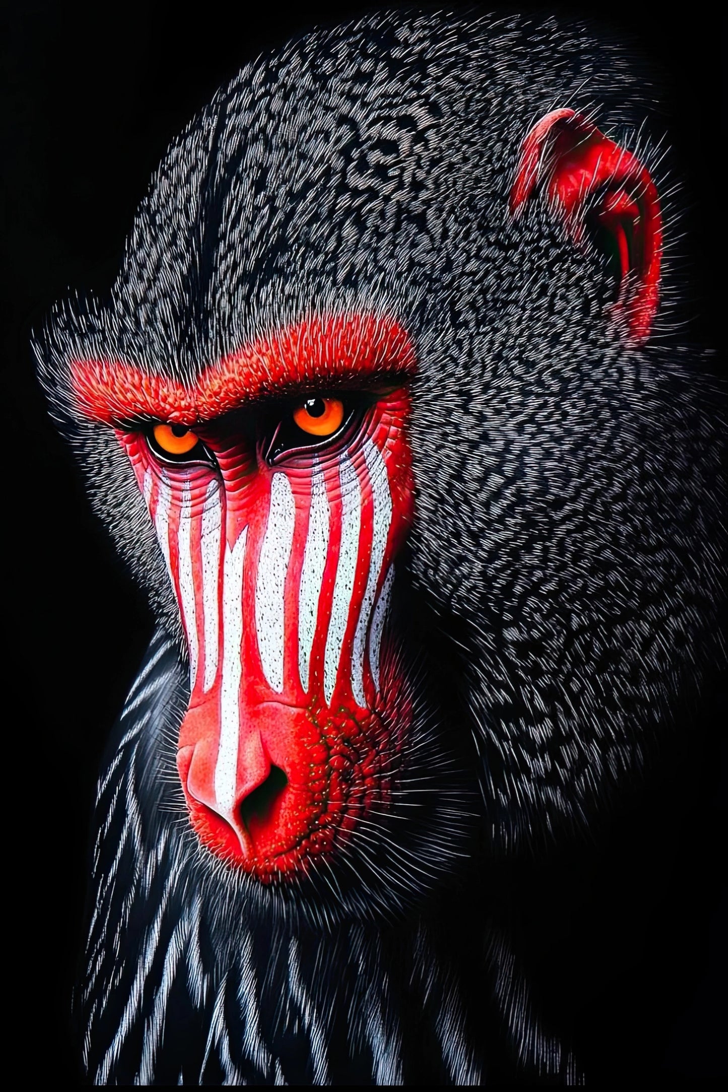 Kunstwerk van een mandril met rode, witte en zwarte tinten tegen een zwarte achtergrond