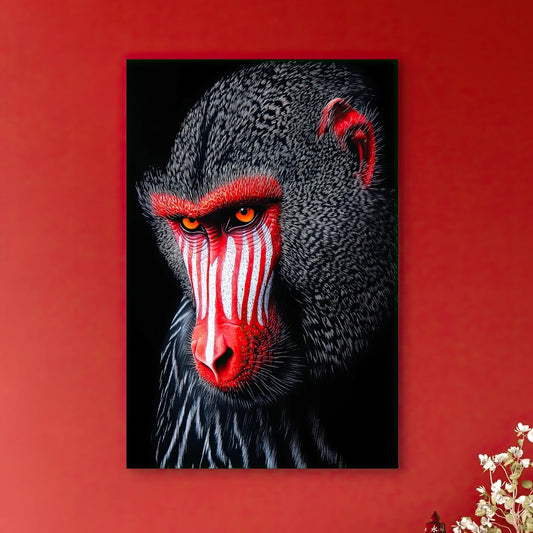 Detail van de mandril met intense rode en witte strepen op de snuit en vurige ogen