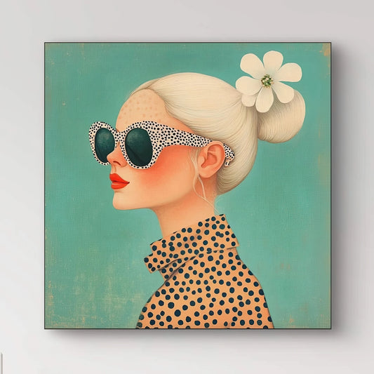 Close-up van het gezicht van de vrouw met rode lippen, witte bloem in het haar en grote zonnebril met stippen