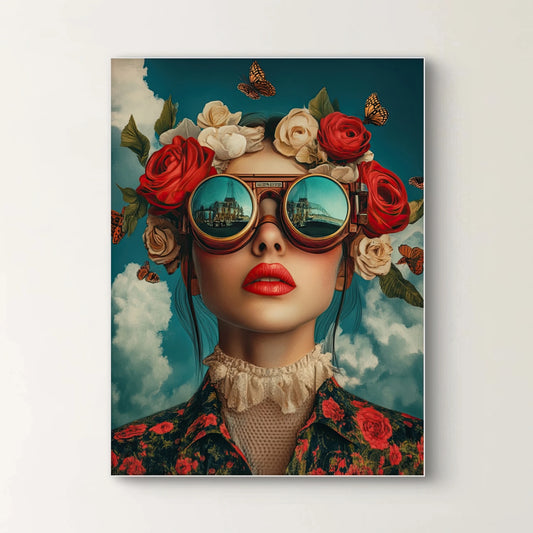 Close-up van vrouw met rode lippen, rozenkroon en reflecterende bril met stad en lucht