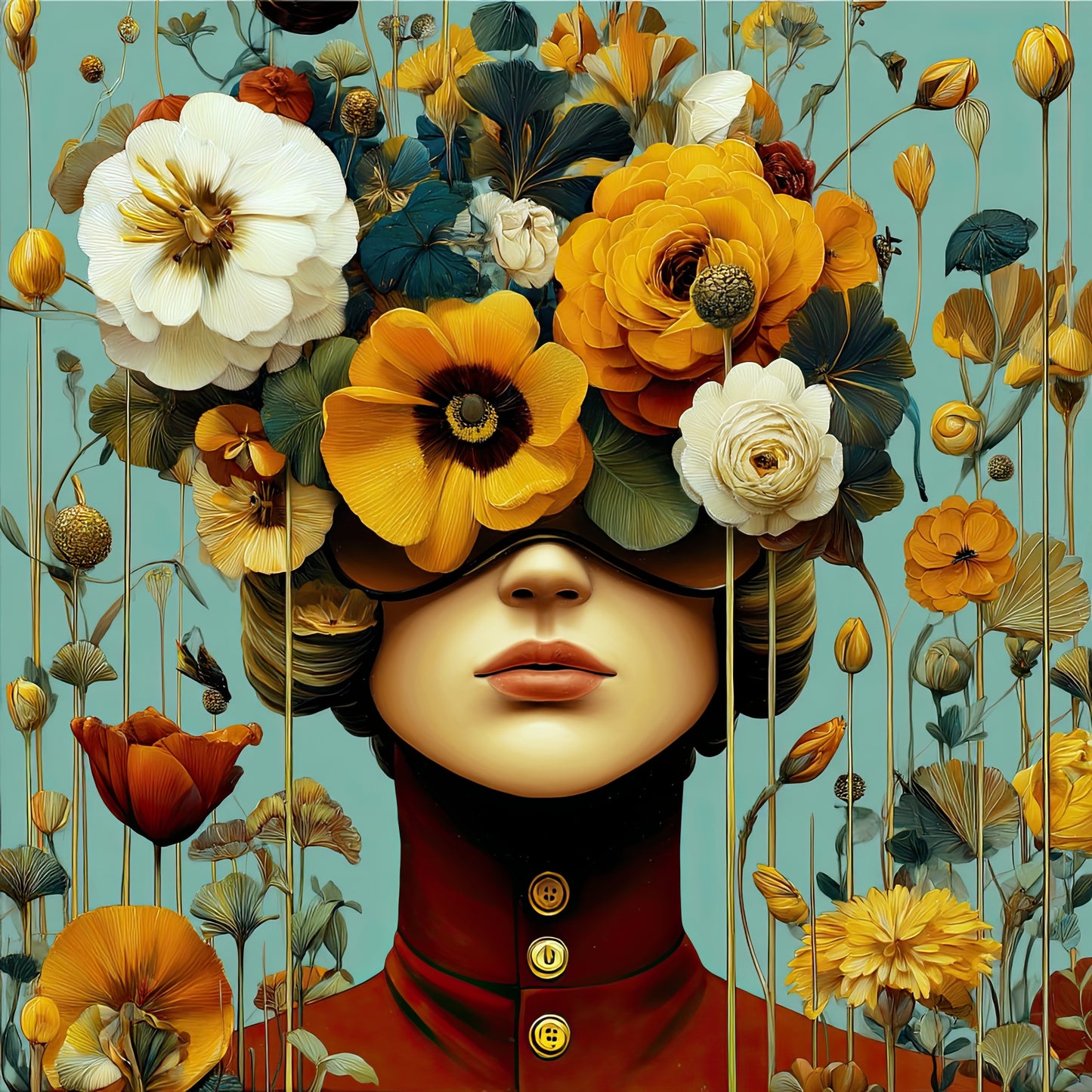 Volledige weergave van De Verborgen Tuin, kleurrijk portret met bloemen, gesloten ogen en dromerige sfeer