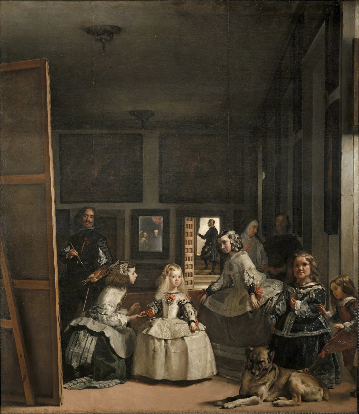Volledige weergave van Velázquez’ meesterwerk “Las Meninas” met schilder, prinses en entourage