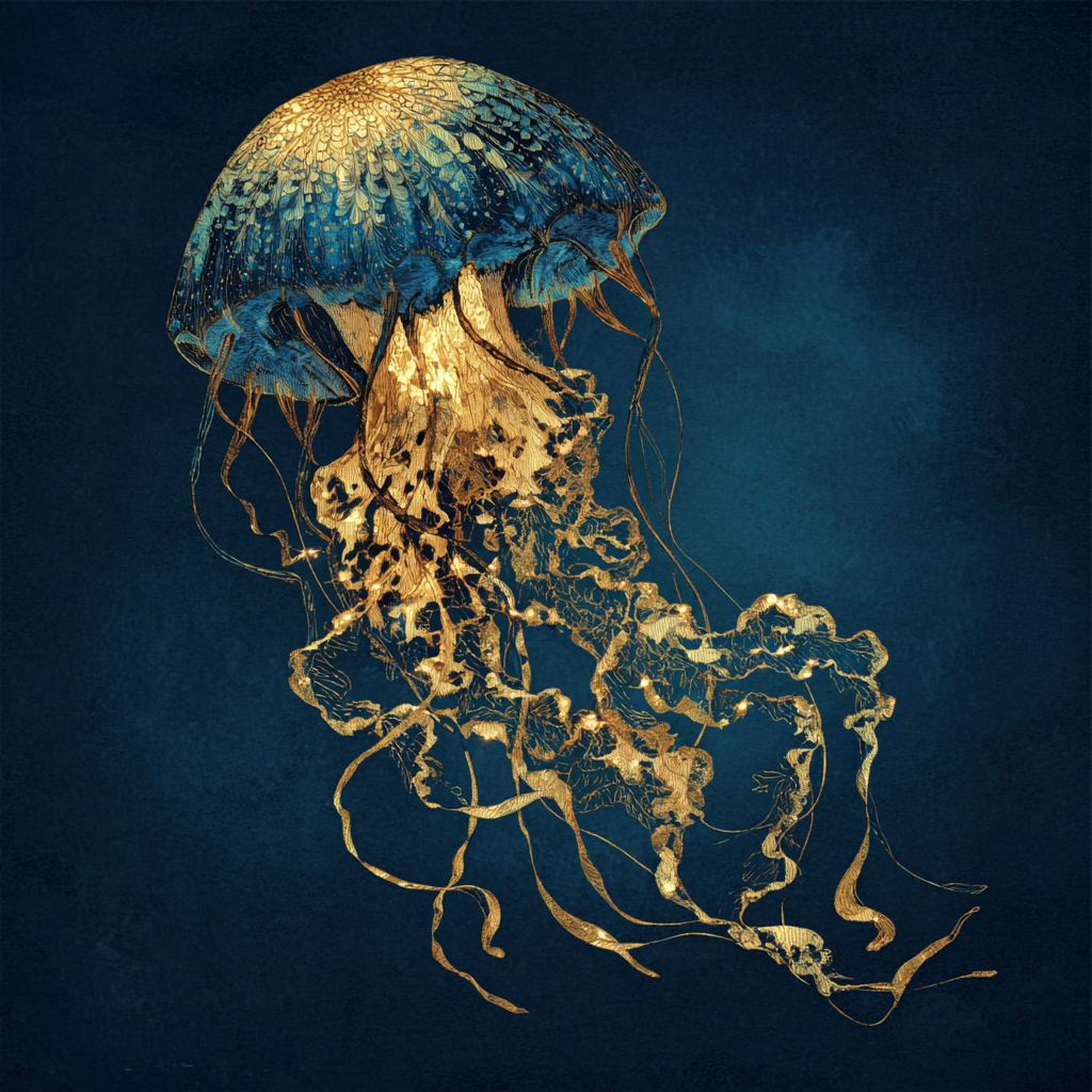 Volledige weergave van Diepglans met kwal in gouden tinten en vloeiende tentakels