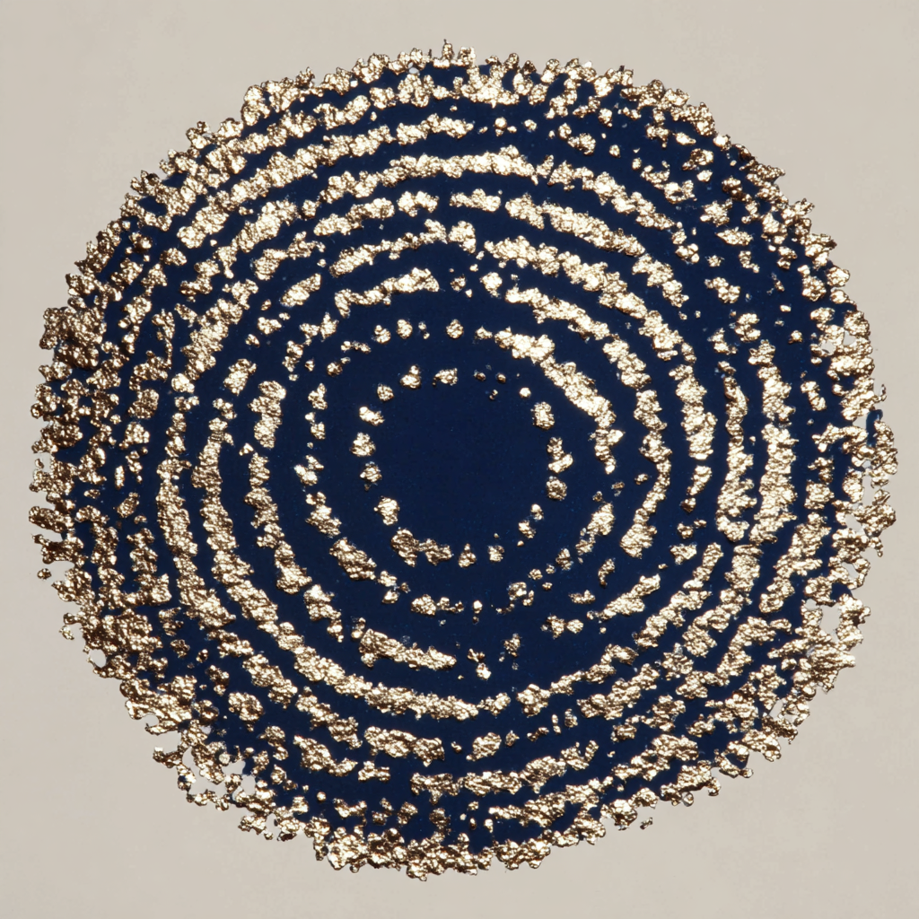 Kunstwerk Diepte van Nacht met gouden ringen en diepe blauwe kern op lichte achtergrond.