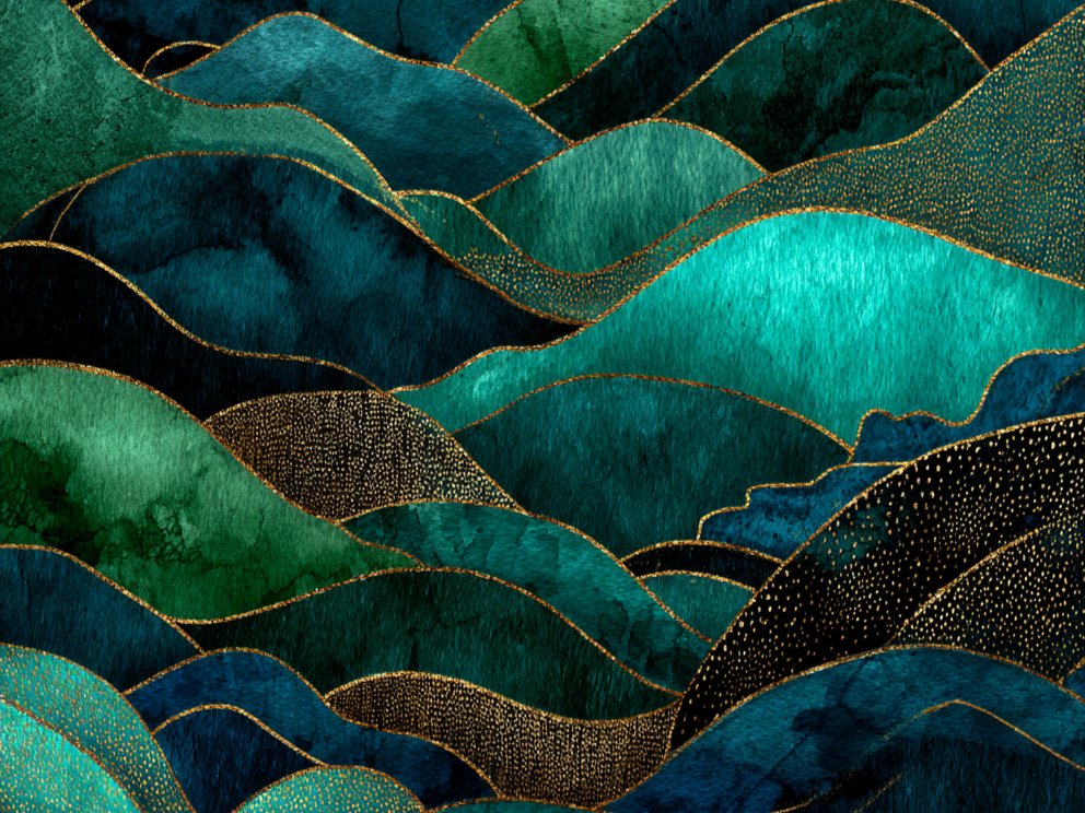 Abstract kunstwerk met golvende lijnen in smaragdgroen, turquoise, nachtblauw en goud