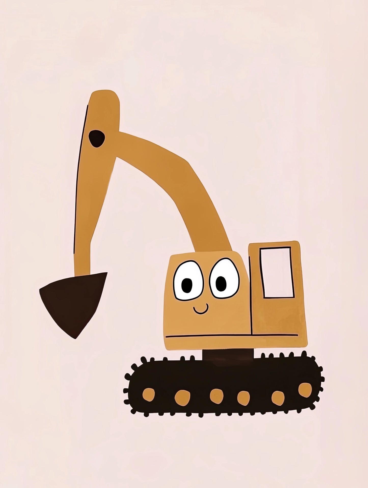 Kindvriendelijke tekening van een gele graafmachine met ogen en glimlach, op een zachte roze achtergrond