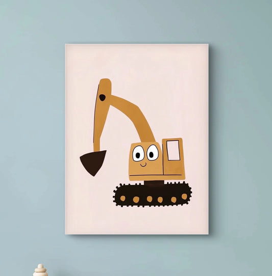 Illustratie van gele graafmachine met vrolijk gezicht op roze achtergrond