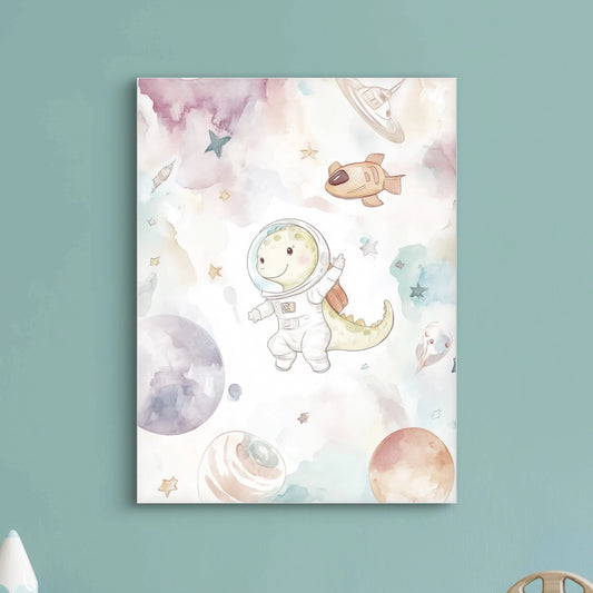 Waterverfillustratie van dino in ruimtepak zwevend tussen planeten, sterren en raketten
