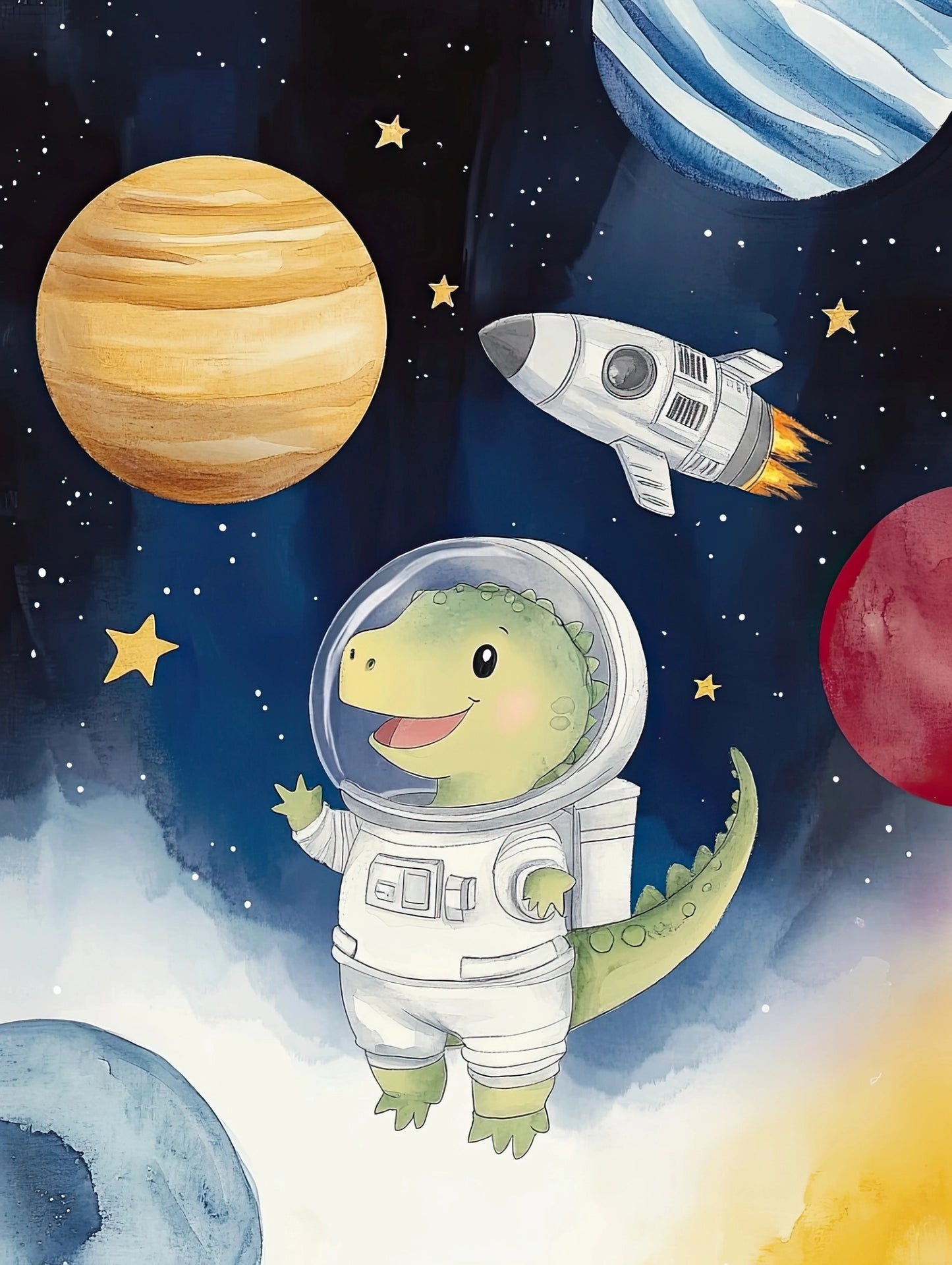 Kunstwerk van een groene dino in ruimtepak, omringd door planeten en een raket op donkere sterrenhemel