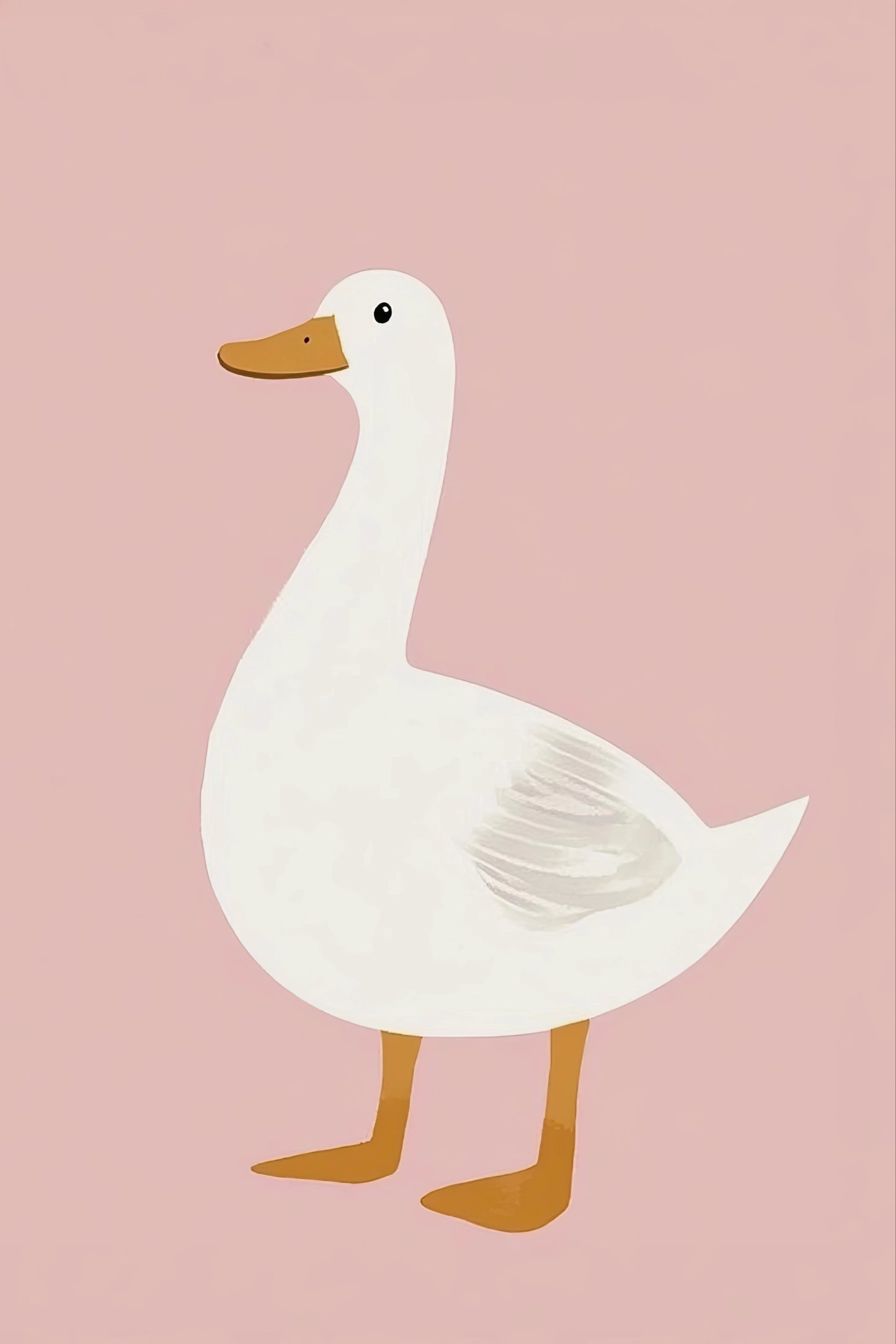 Minimalistisch kunstwerk van een eend in profiel met roze achtergrond en rustige uitstraling