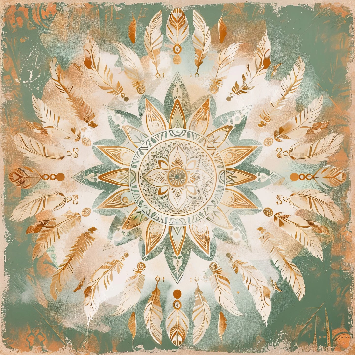 Kunstwerk van mandala met veertjes en cirkelvormen in rustige aardetinten