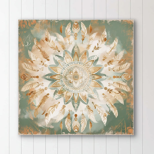 Detail van symmetrische veercompositie in saliegroen, koper en wit met mandalapatroon