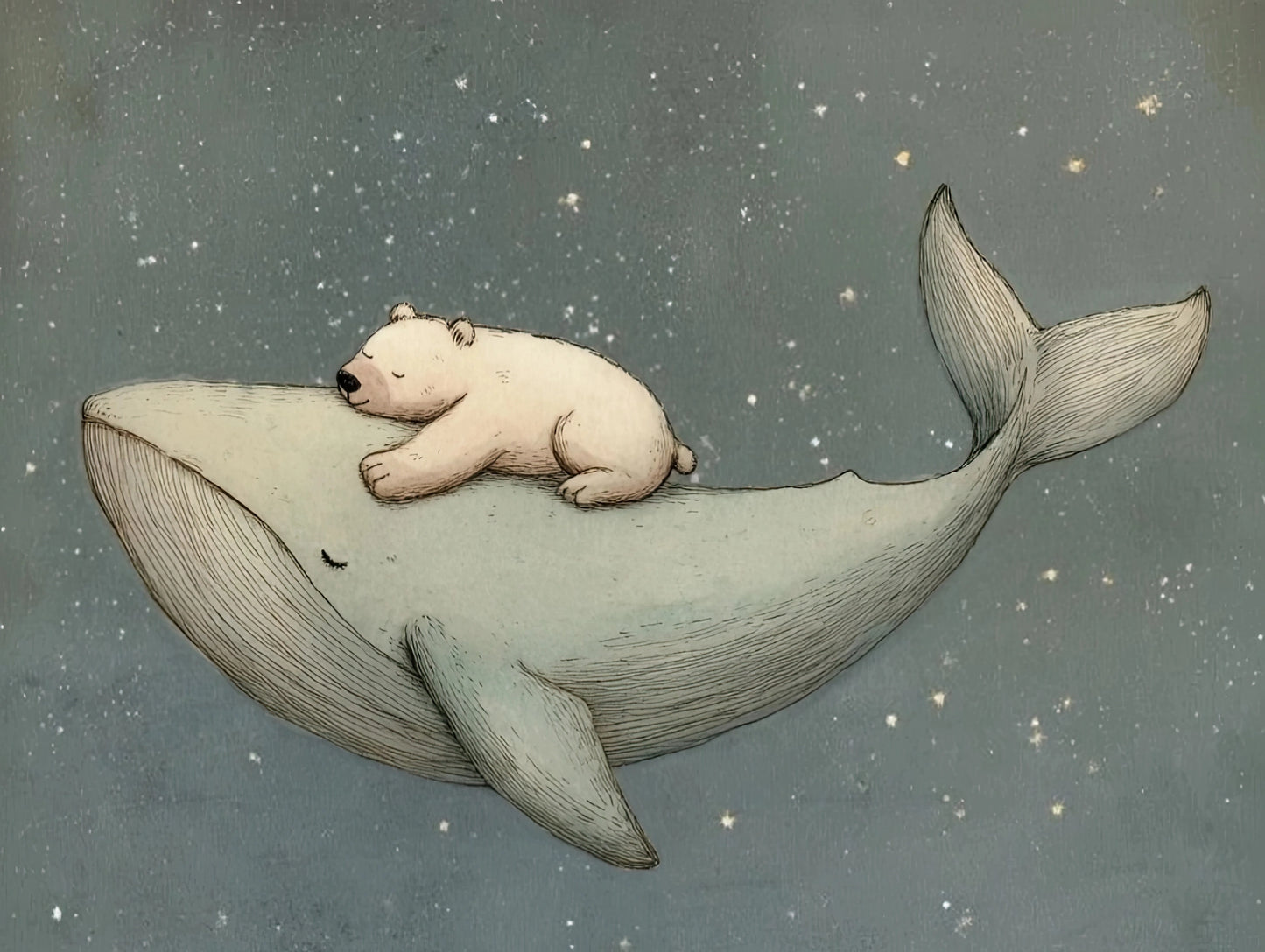 Illustratie van slapende ijsbeer op walvis in sterrennacht