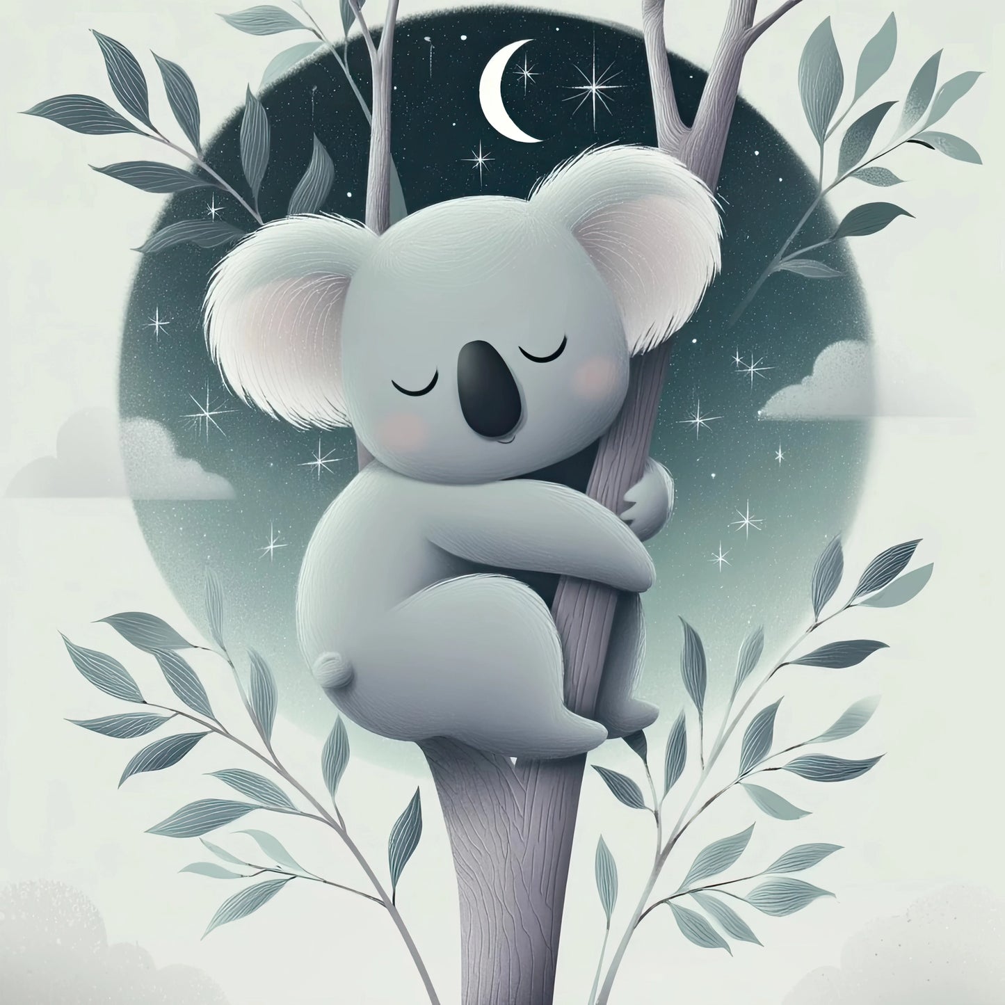 Volledige weergave van illustratief kunstwerk met een dromerige koala slapend in een boom, omringd door sterren en bladeren.
