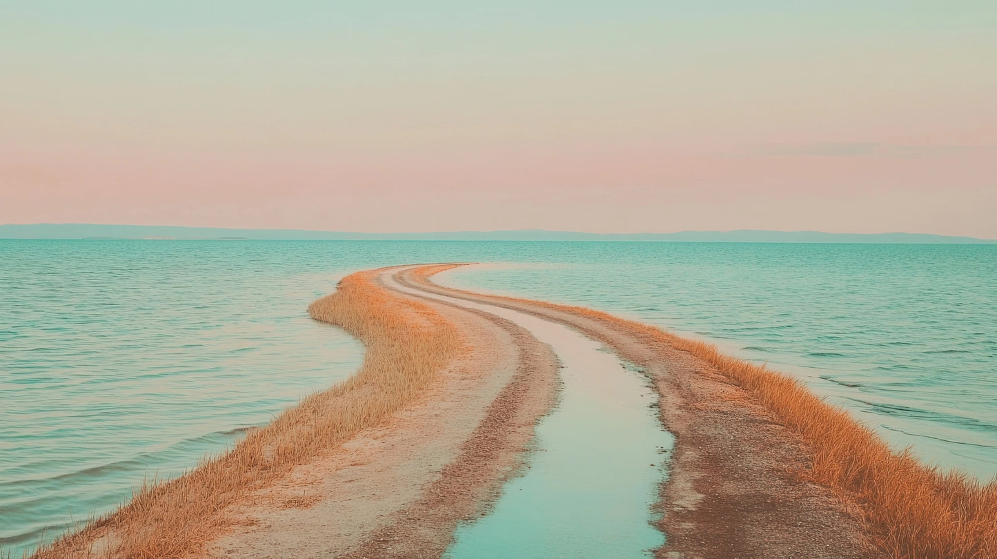 Volledig kunstwerk met dromerig kustpad dat zich uitstrekt tussen zee en hemel in zachte kleuren