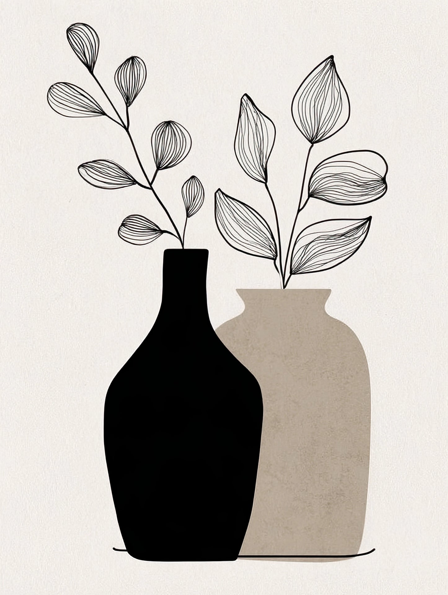 Volledig textielkunstwerk met minimalistische vazen en getekende bladeren in zwart en zandtinten