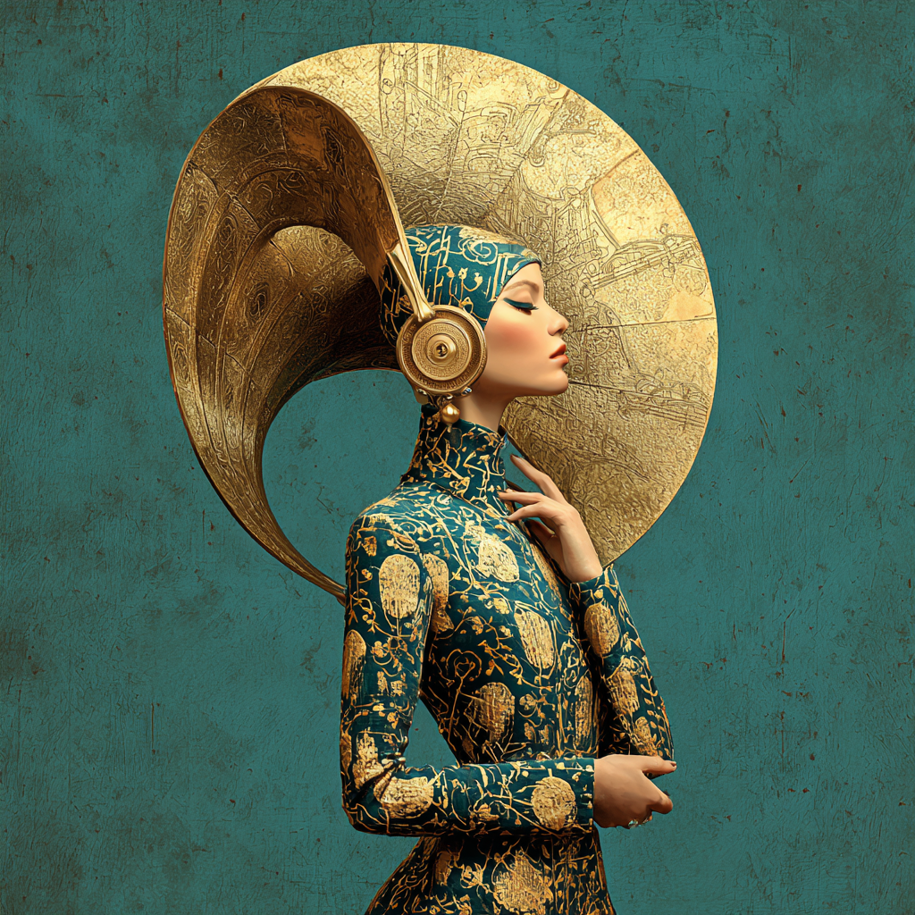 Volledige weergave van Echo Relic met vrouw in profiel en goudkleurig cirkelvormig ornament