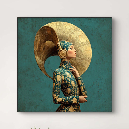 Detail van Echo Relic met vrouw in rijk versierde outfit en verguld hoofdornament