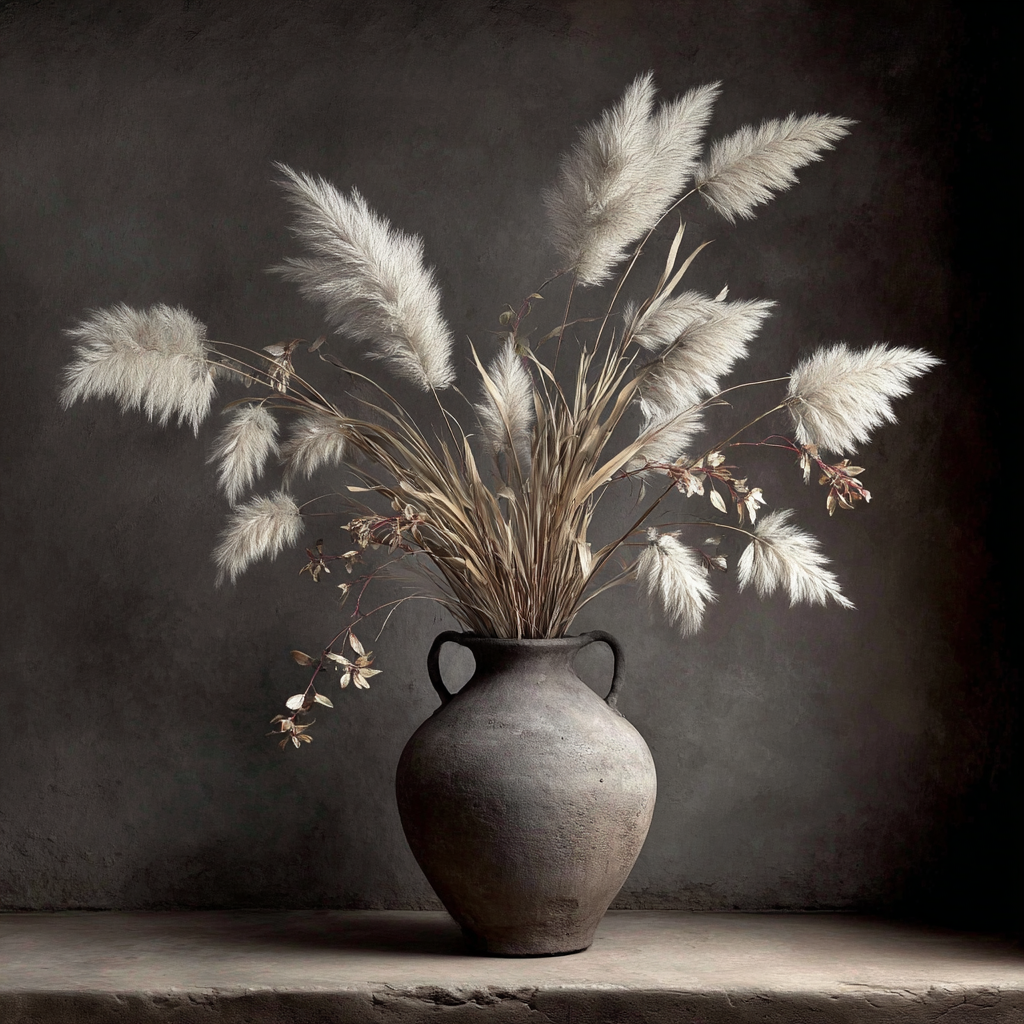 Volledig kunstwerk Echo van Aarde met kruik en pluimen in zachte aardetinten tegen donkere achtergrond