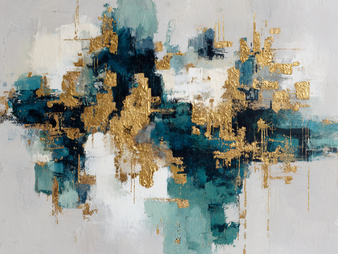 Volledig kunstwerk Echo van Diepte met abstracte compositie in goud, blauw en wit