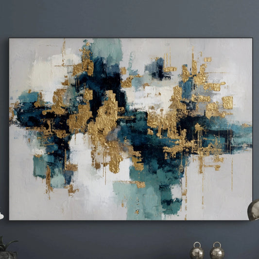 Detailopname van kunstwerk Echo van Diepte met blauwe en gouden tinten en rijke texturen