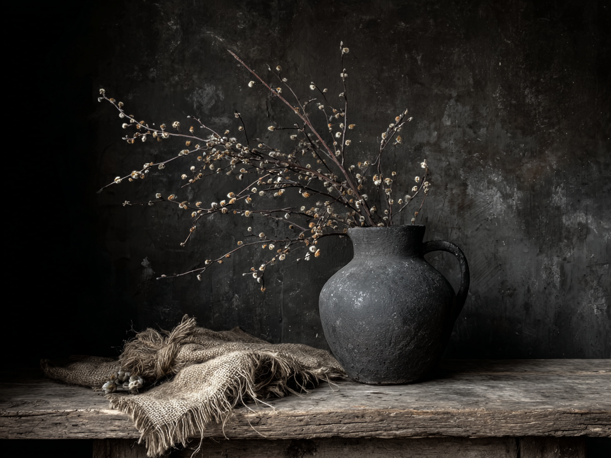Volledig kunstwerk Echo van Duisternis met stilleven van kruik en takken in donkere tinten