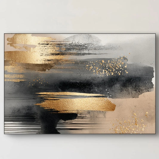 Detailopname van kunstwerk Echo van Goud met gouden penseelstreken over zwarte en grijze tinten