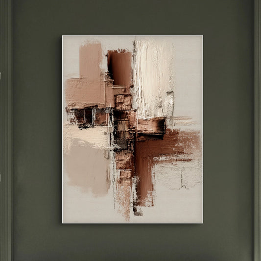 Detail van structuur en penseelstreken in bruin, beige en wit uit het kunstwerk Echo van Klei