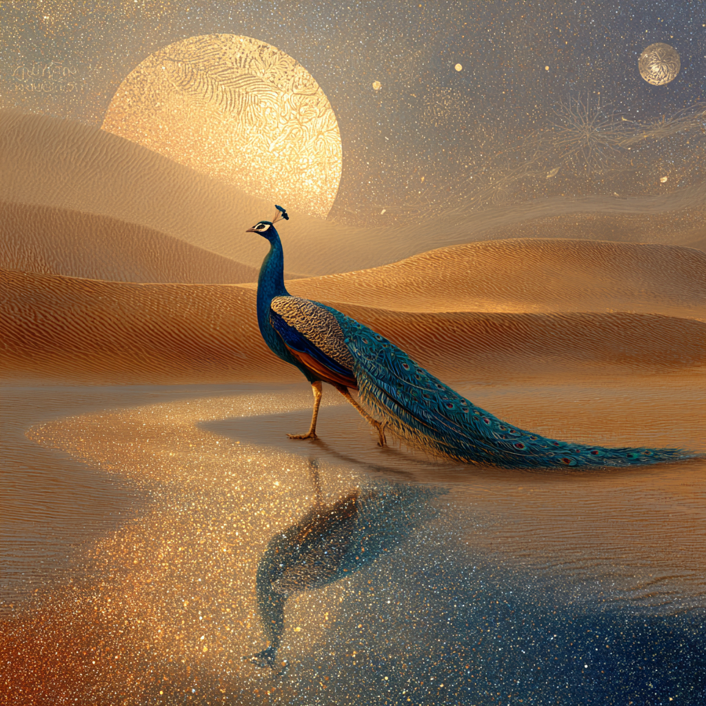 Volledige weergave van Echo van Licht met pauw, maan en woestijnachtig landschap