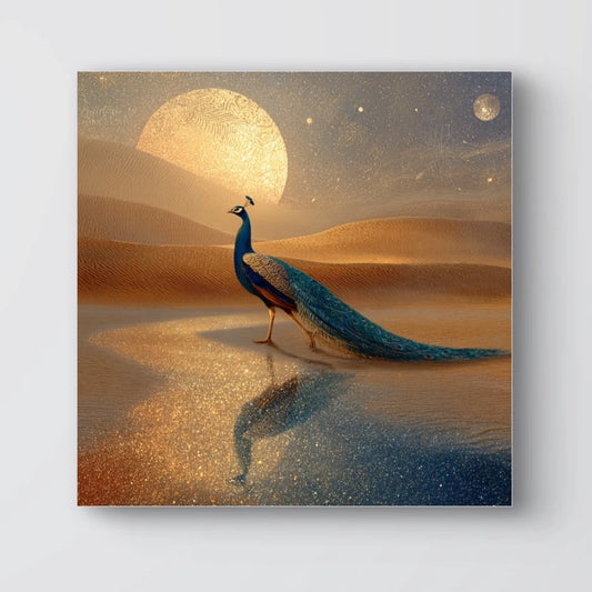 Detailopname van Echo van Licht met pauw in gouden maanlicht en reflectie