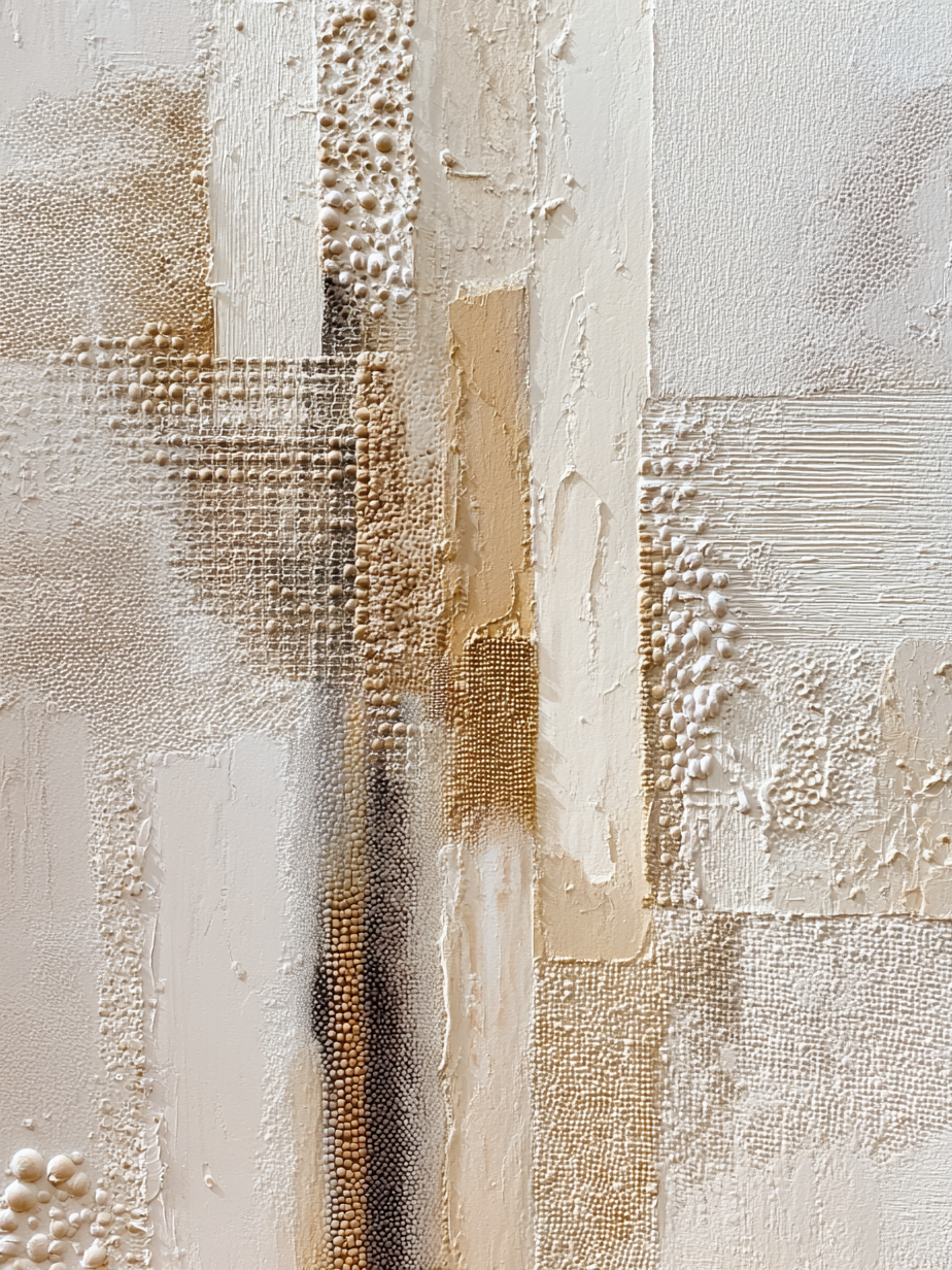 Volledige weergave van schilderij Echo van Steen met gelaagde structuur in neutrale tinten