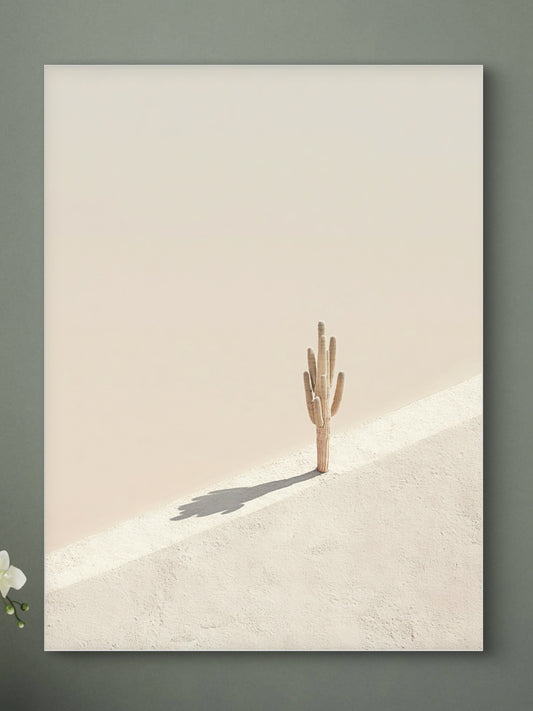 Detail van kunstwerk Echo van Zand met eenzame cactus en schaduw op zacht beige woestijnzand.